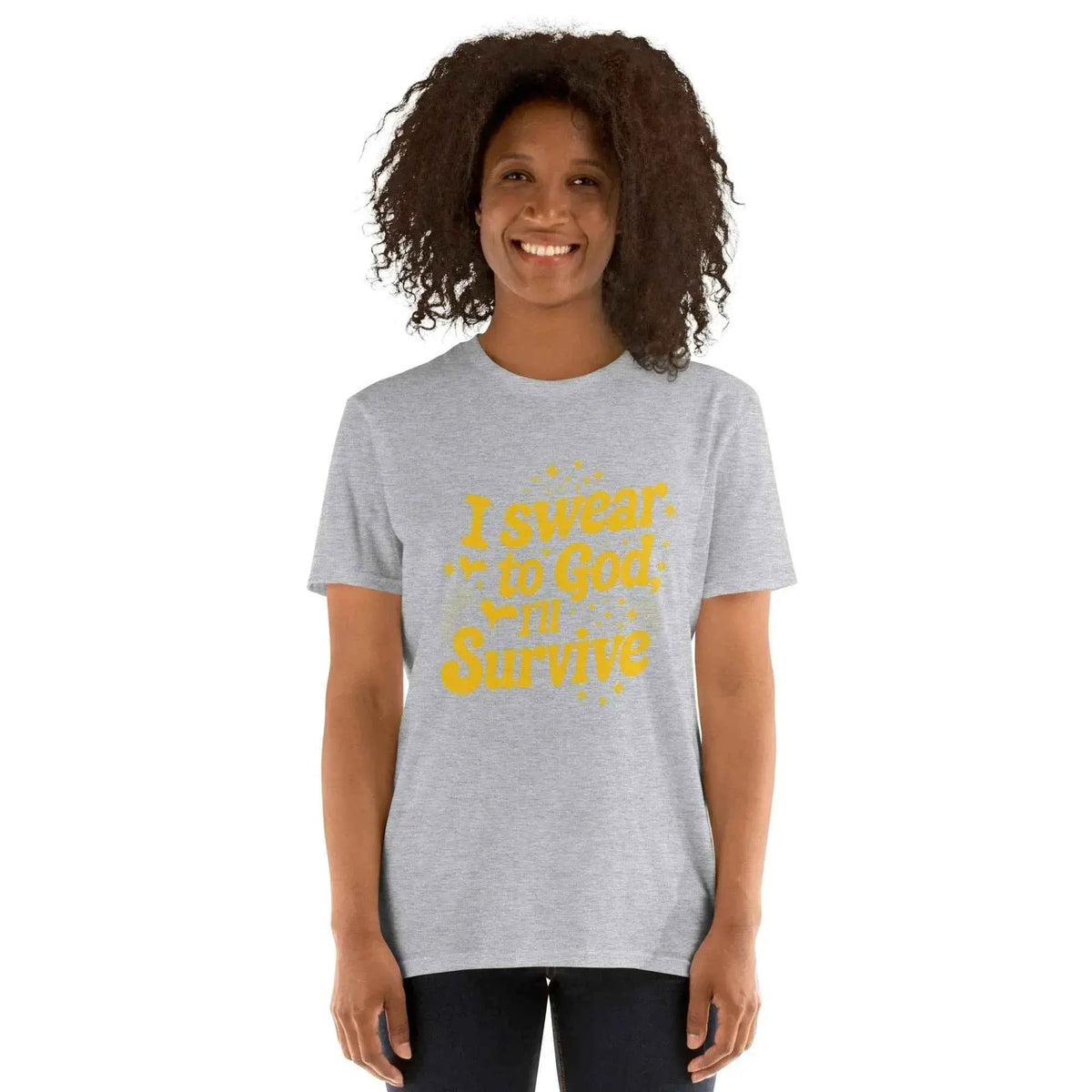 Unisex T-shirt, heather gray, yellow faith-style quote graphic on the chest