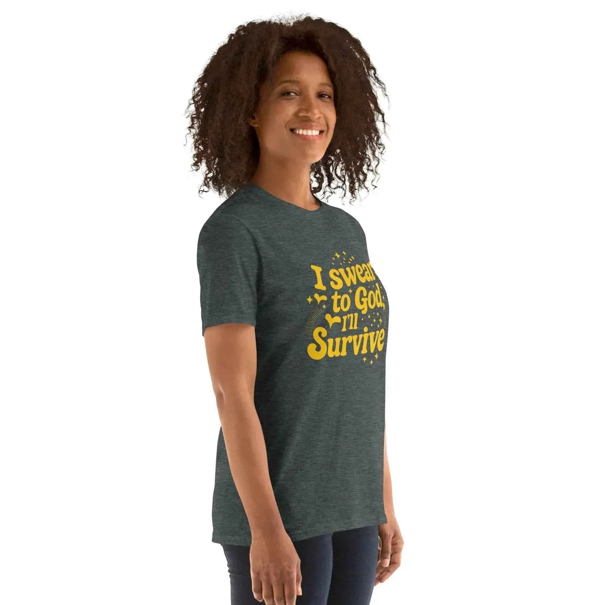 Unisex dark heather gray graphic T-shirt with yellow “I swear to God, I’ll survive” print, angled view