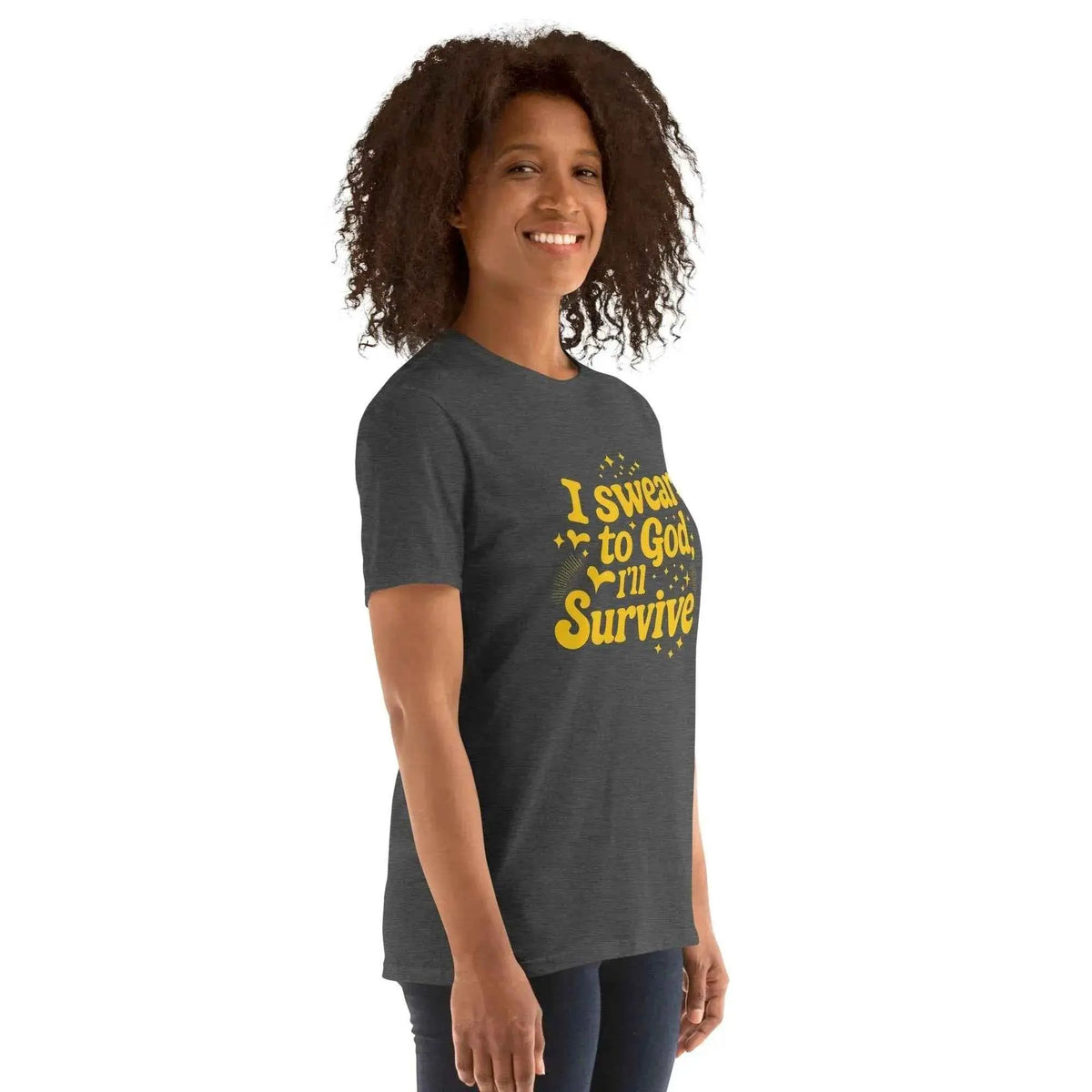 Unisex T-shirt, dark gray, front side view showing yellow printed quote