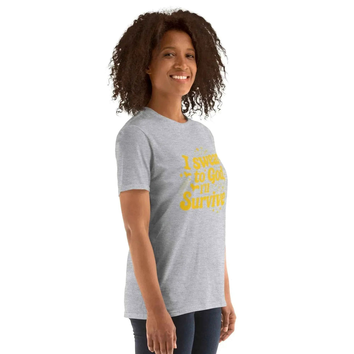 Unisex T-shirt, heather gray, front side view showing yellow printed quote