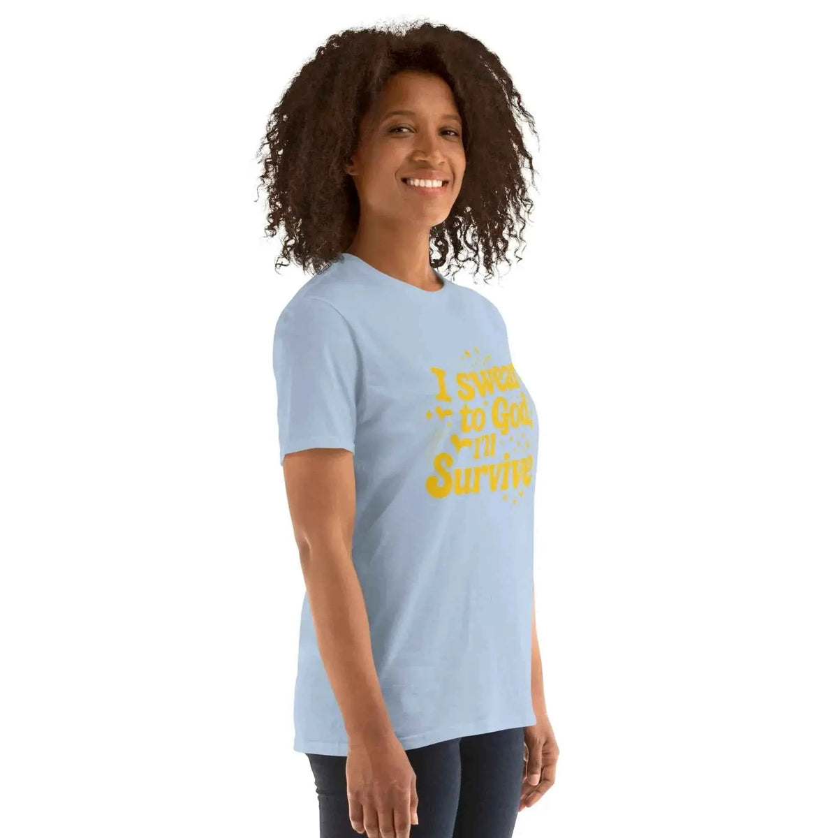 Unisex graphic T-shirt, light blue, yellow text slogan graphic, side view