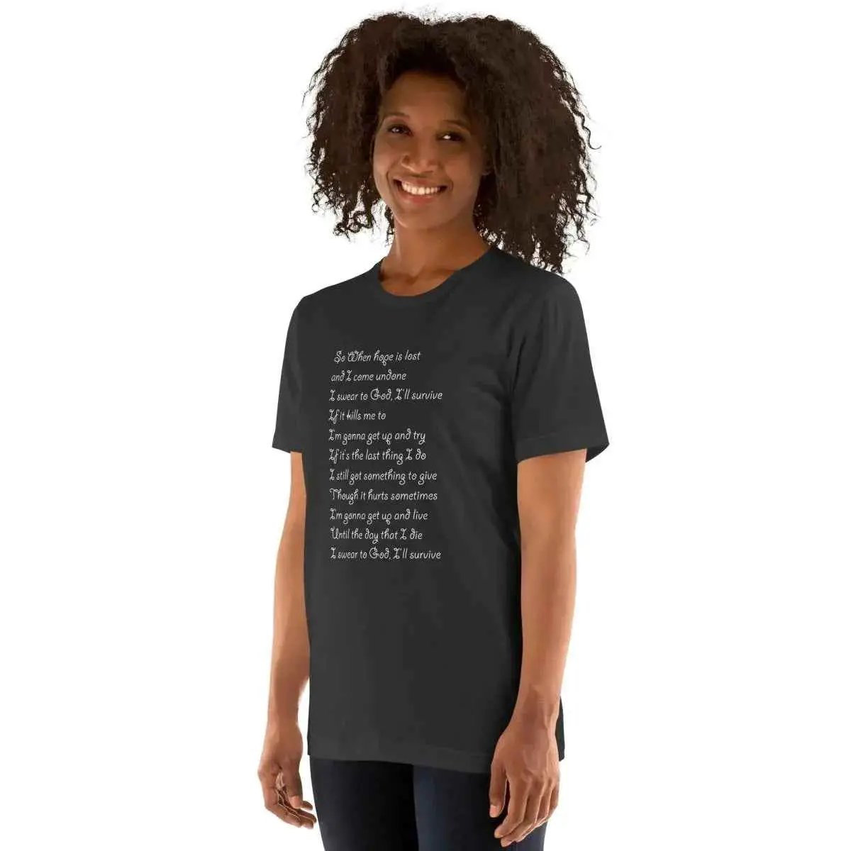 Dark gray unisex short-sleeve cotton T-shirt with front lyric graphic