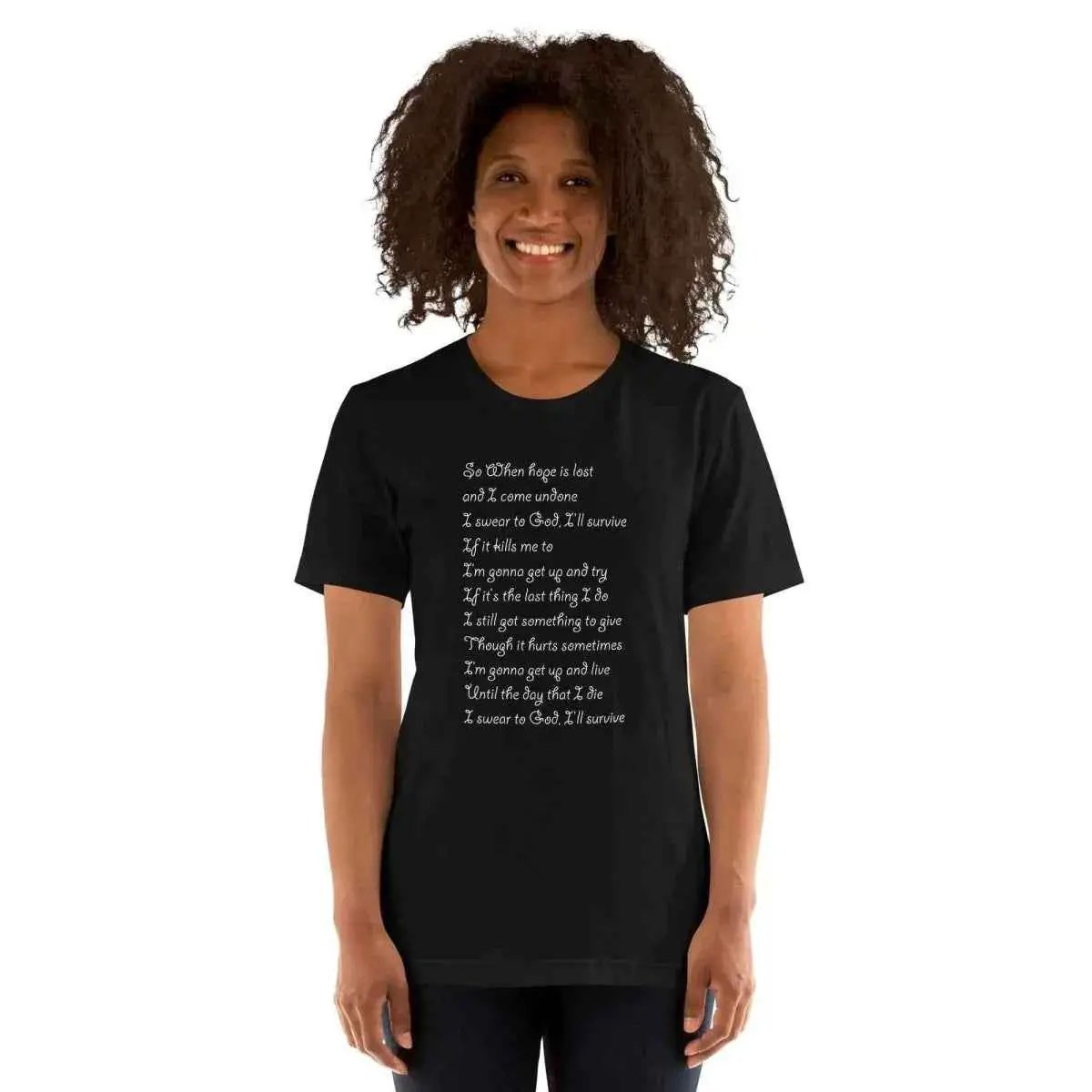 Black unisex cotton T-shirt with white lyric text on the front