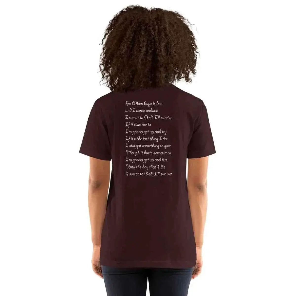 Unisex cotton T-shirt, oxblood/burgundy, crew neck, short sleeves with white lyric graphic on back