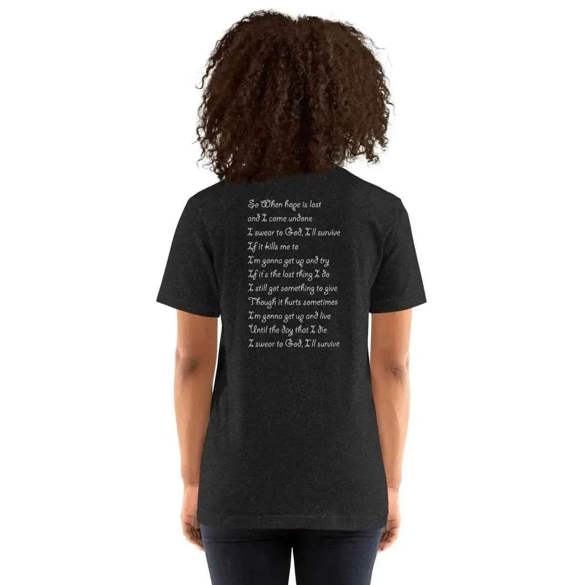 Black unisex cotton T-shirt with white lyric text on the back