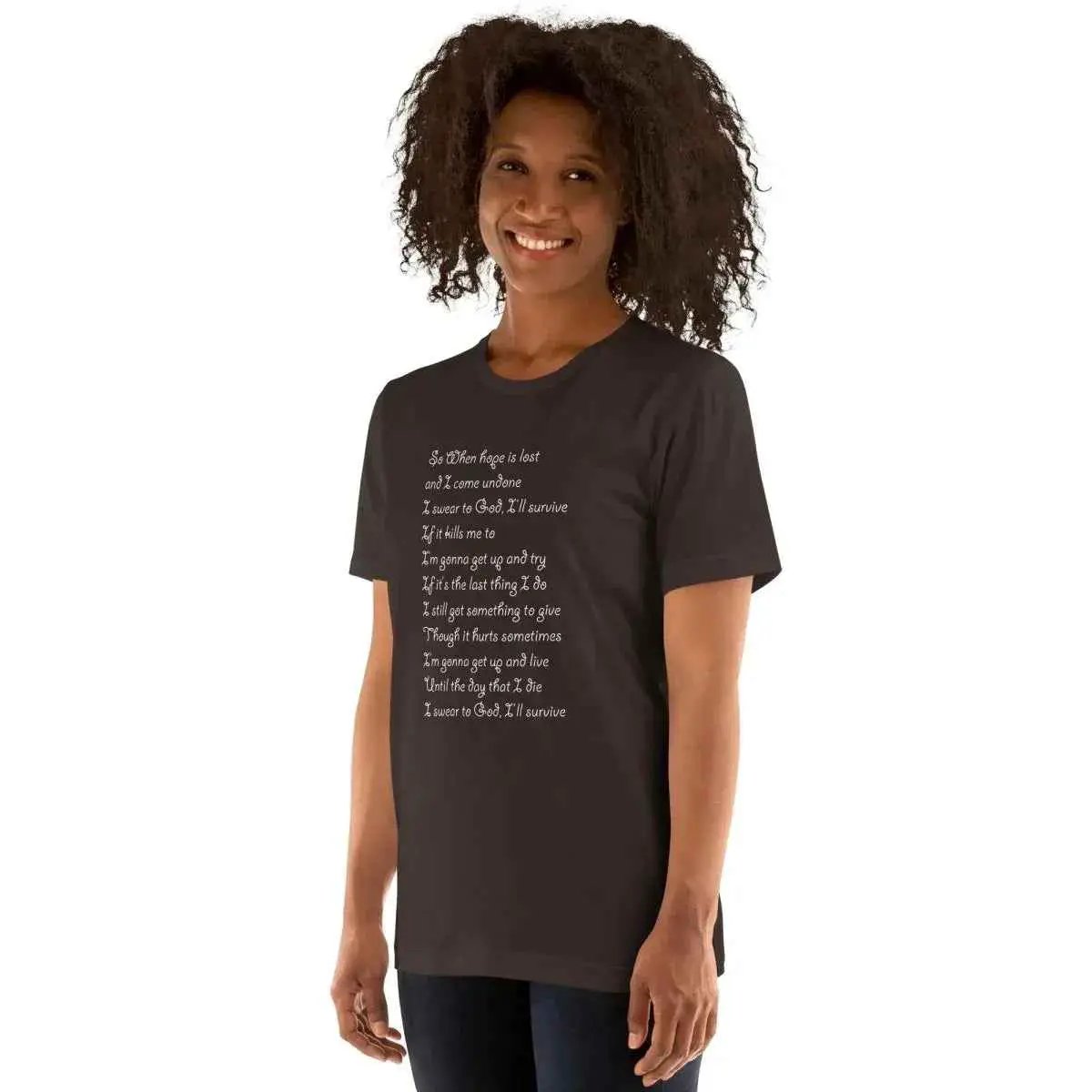 Dark gray unisex short-sleeve cotton T-shirt with front lyric graphic