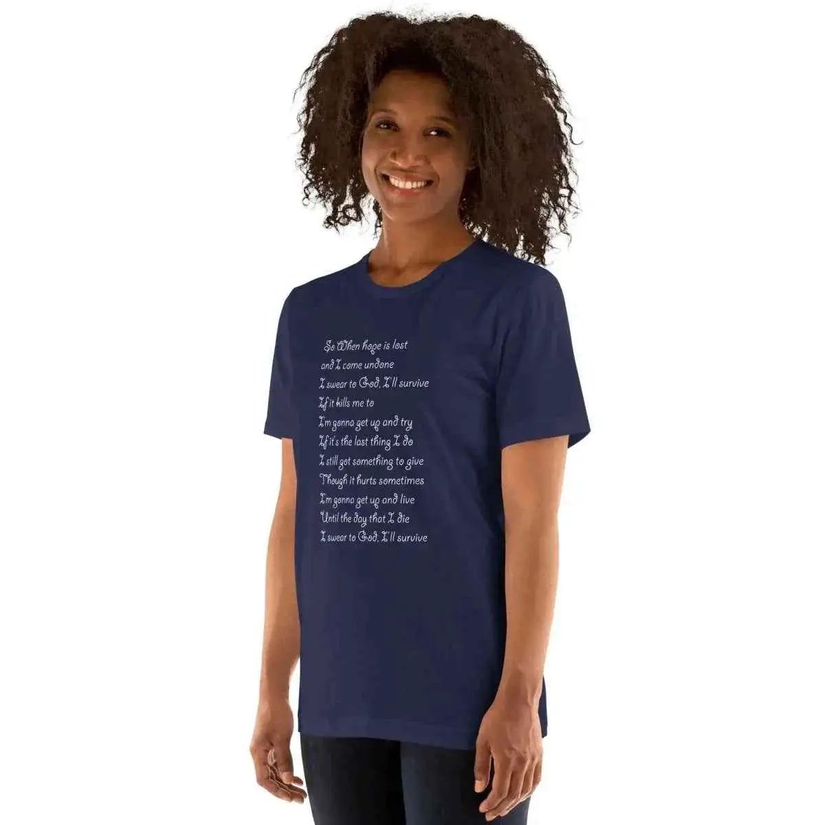 Navy unisex cotton T-shirt with white lyric text on front center