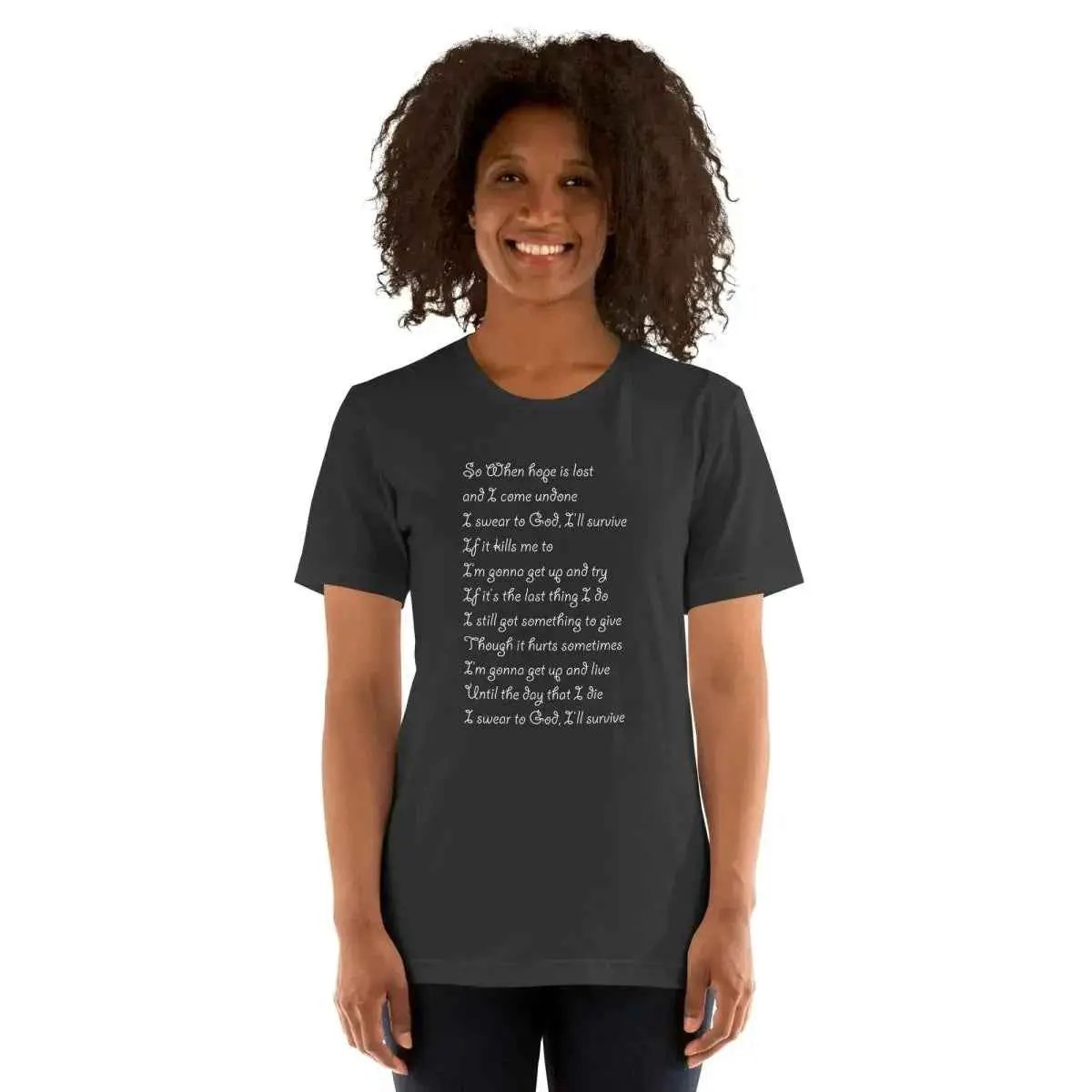 Dark gray unisex short-sleeve cotton T-shirt with front lyric graphic