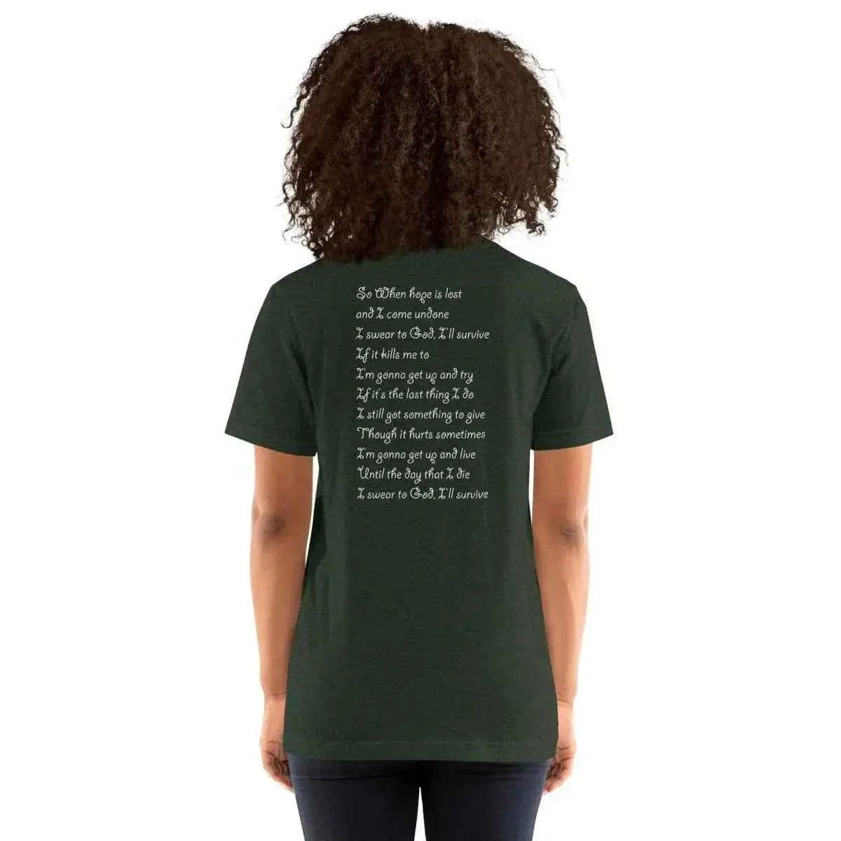 Dark green unisex cotton T-shirt with white lyric text on back