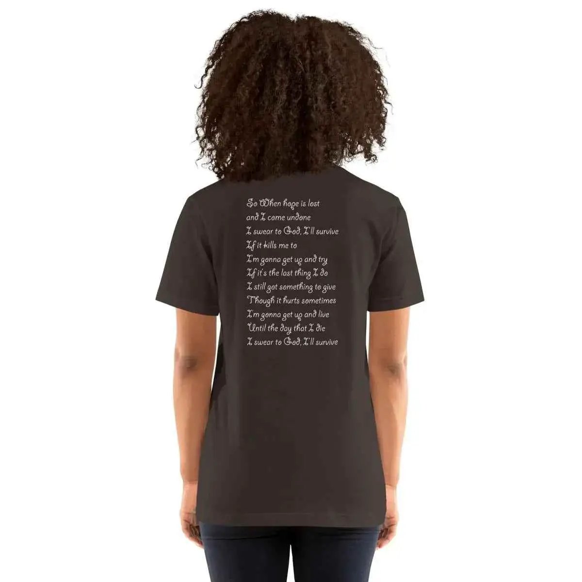 Dark gray unisex short-sleeve cotton T-shirt with back lyric graphic