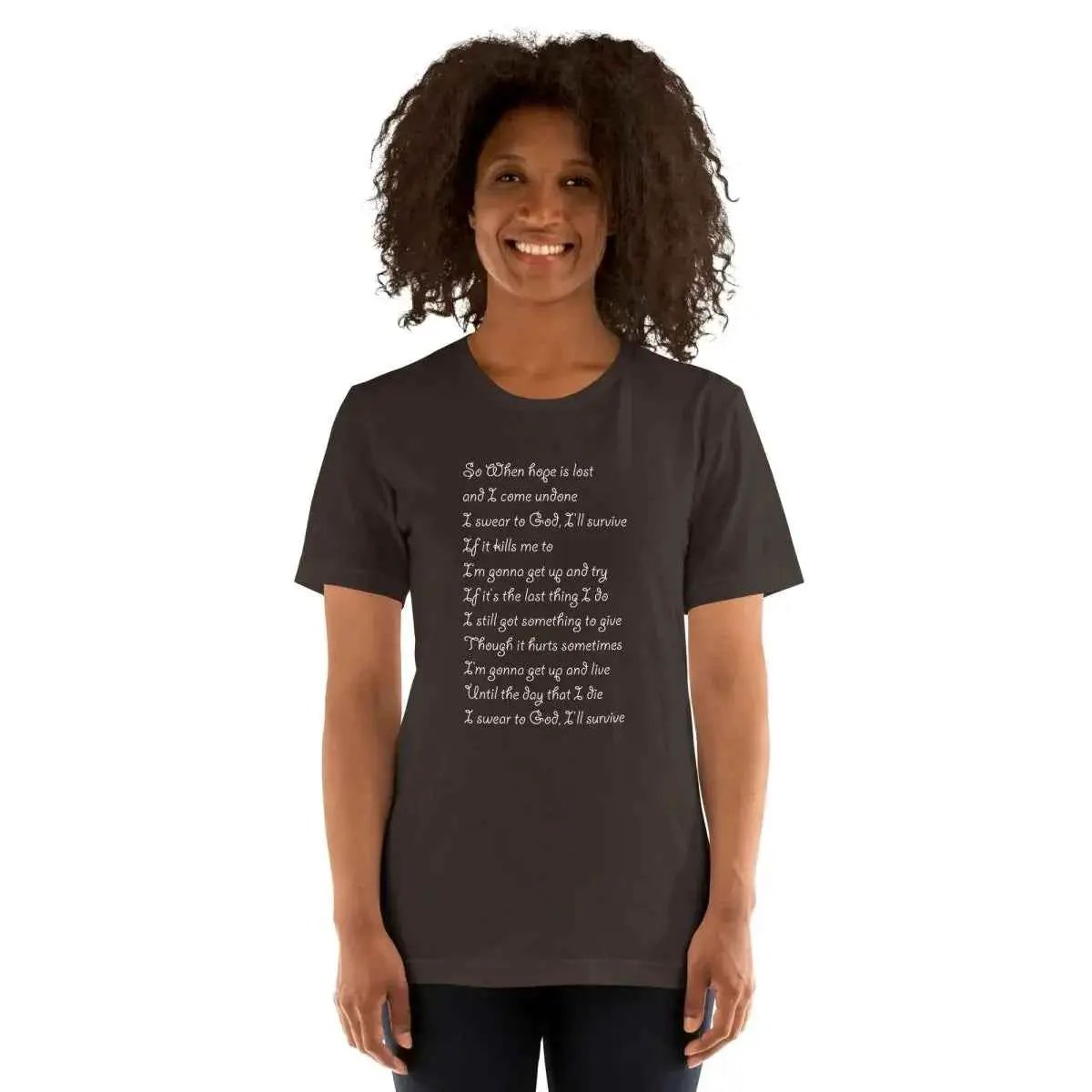 Dark gray unisex short-sleeve cotton T-shirt with front lyric graphic