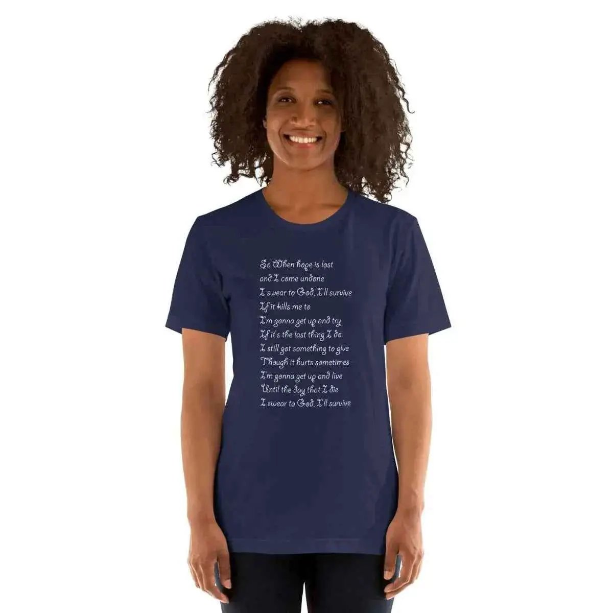 Unisex cotton T-shirt, navy, crew neck, short sleeves with white lyric graphic on chest
