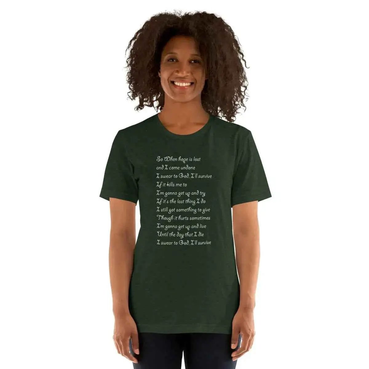 Dark green unisex cotton T-shirt with white lyric text on front center
