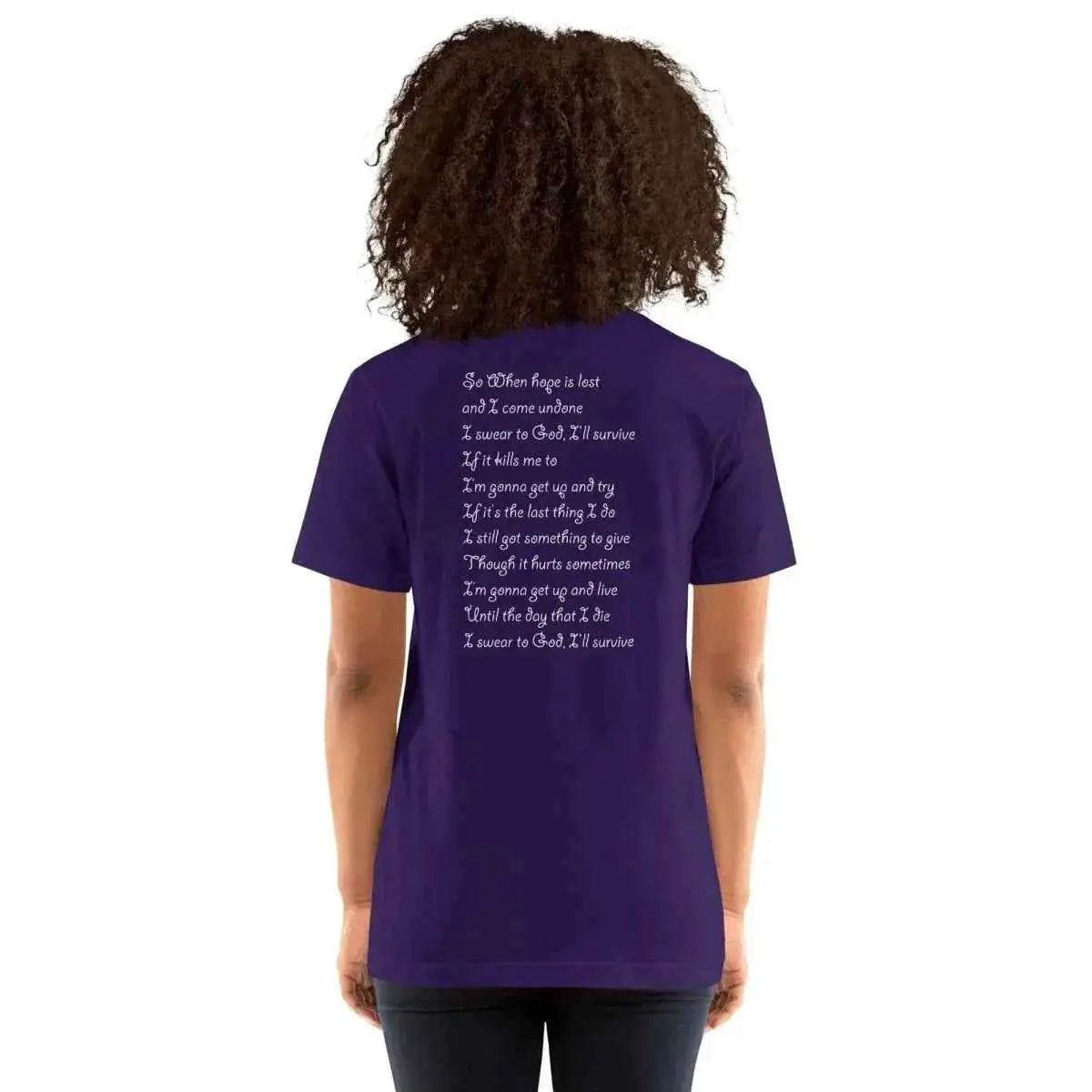 Unisex cotton T-shirt, team purple, crew neck, short sleeves with white lyric graphic on back