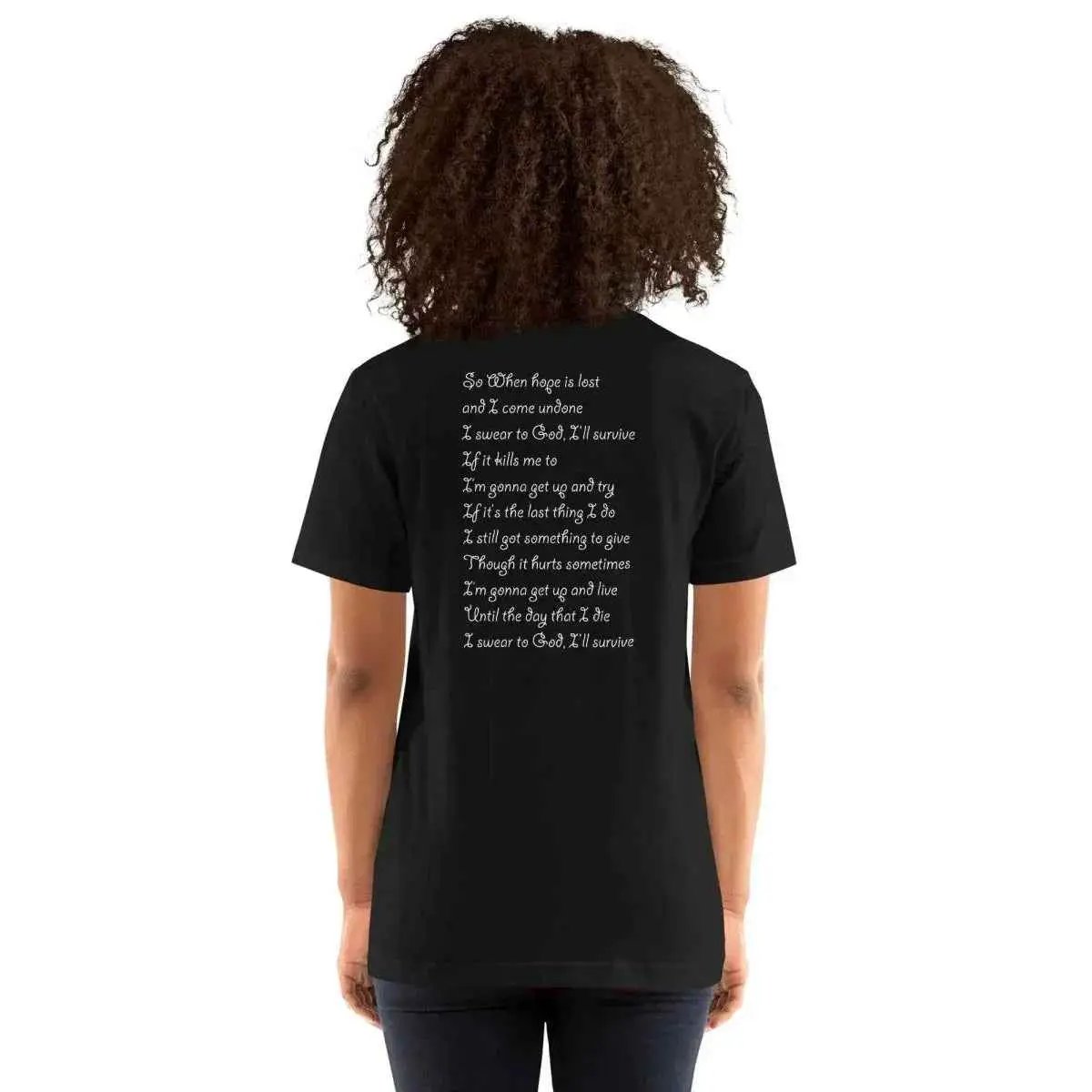 Black unisex cotton T-shirt with white lyric text on the back