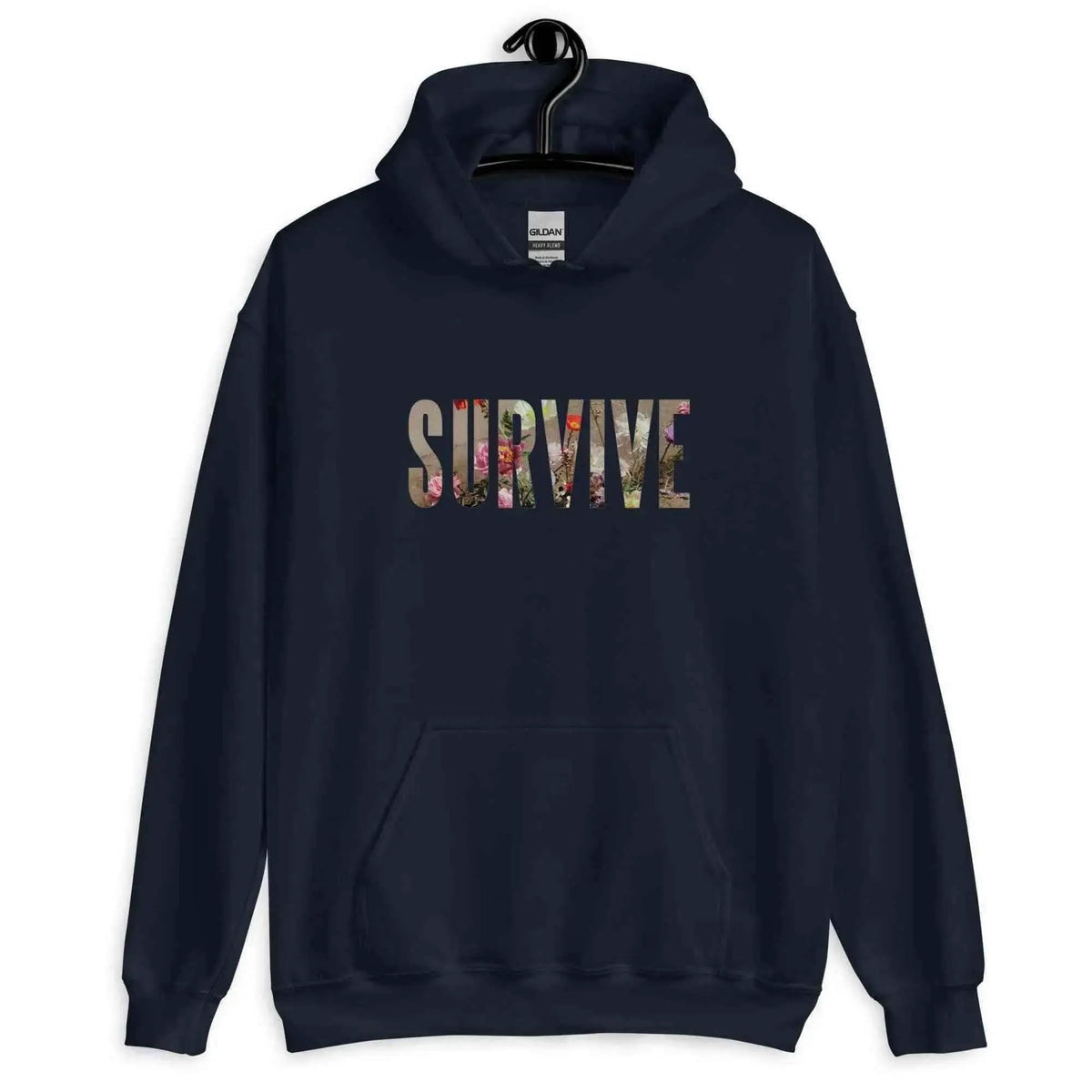 Navy unisex hoodie with kangaroo pocket and SURVIVE graphic