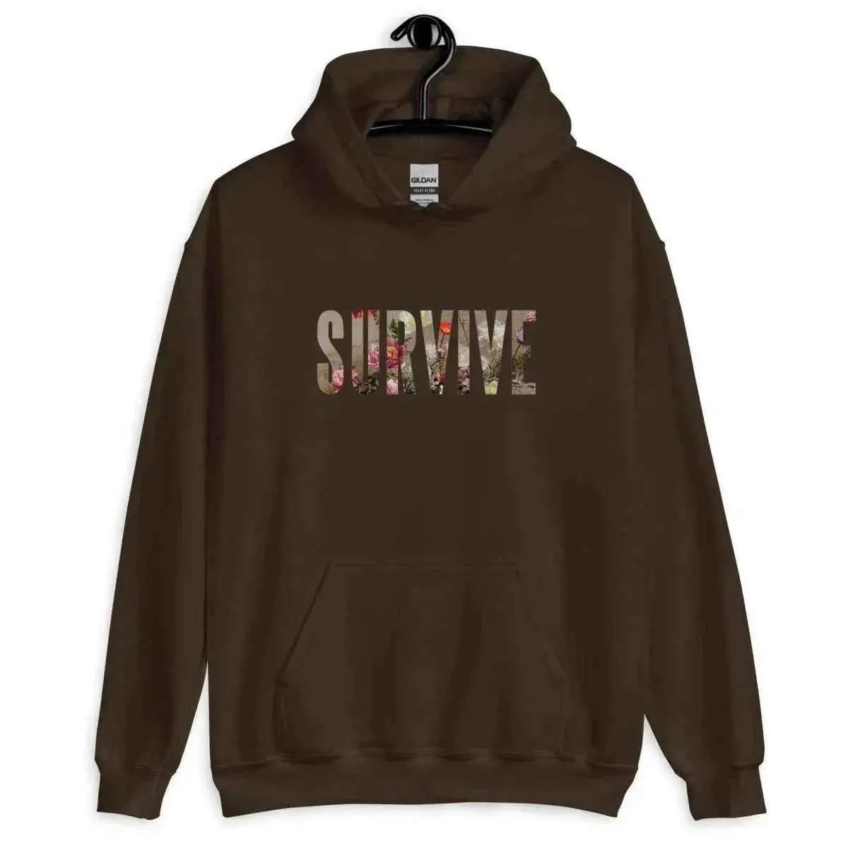 Dark chocolate unisex hoodie with kangaroo pocket and SURVIVE graphic