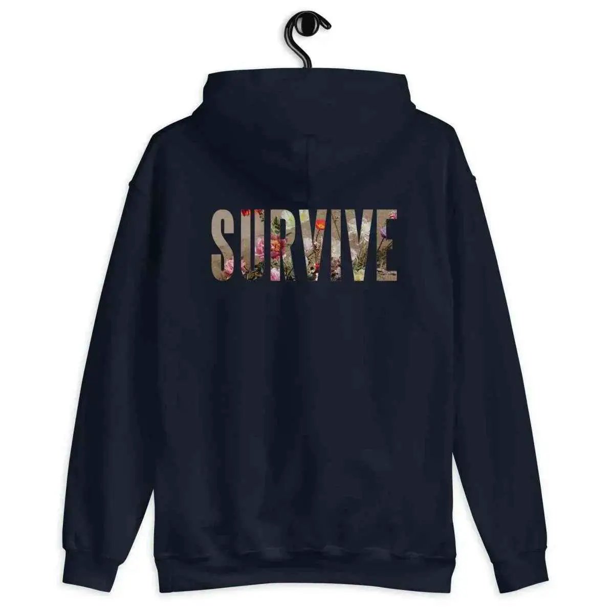Navy unisex hoodie with back SURVIVE graphic