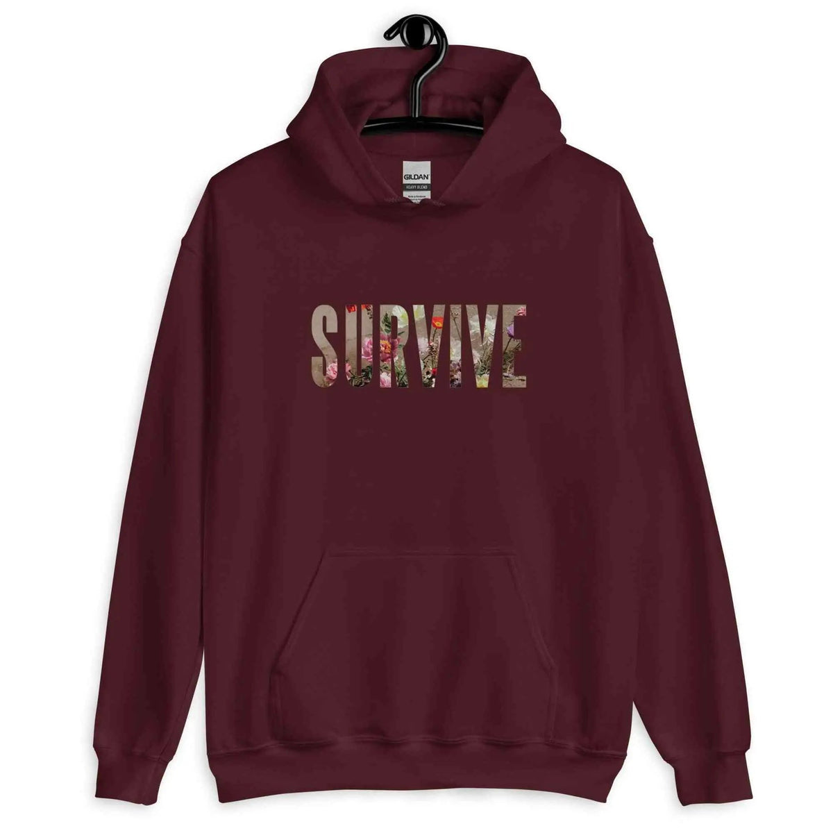 Maroon unisex hoodie with kangaroo pocket and SURVIVE graphic