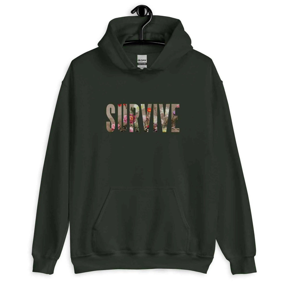Forest green unisex hoodie with kangaroo pocket and SURVIVE graphic