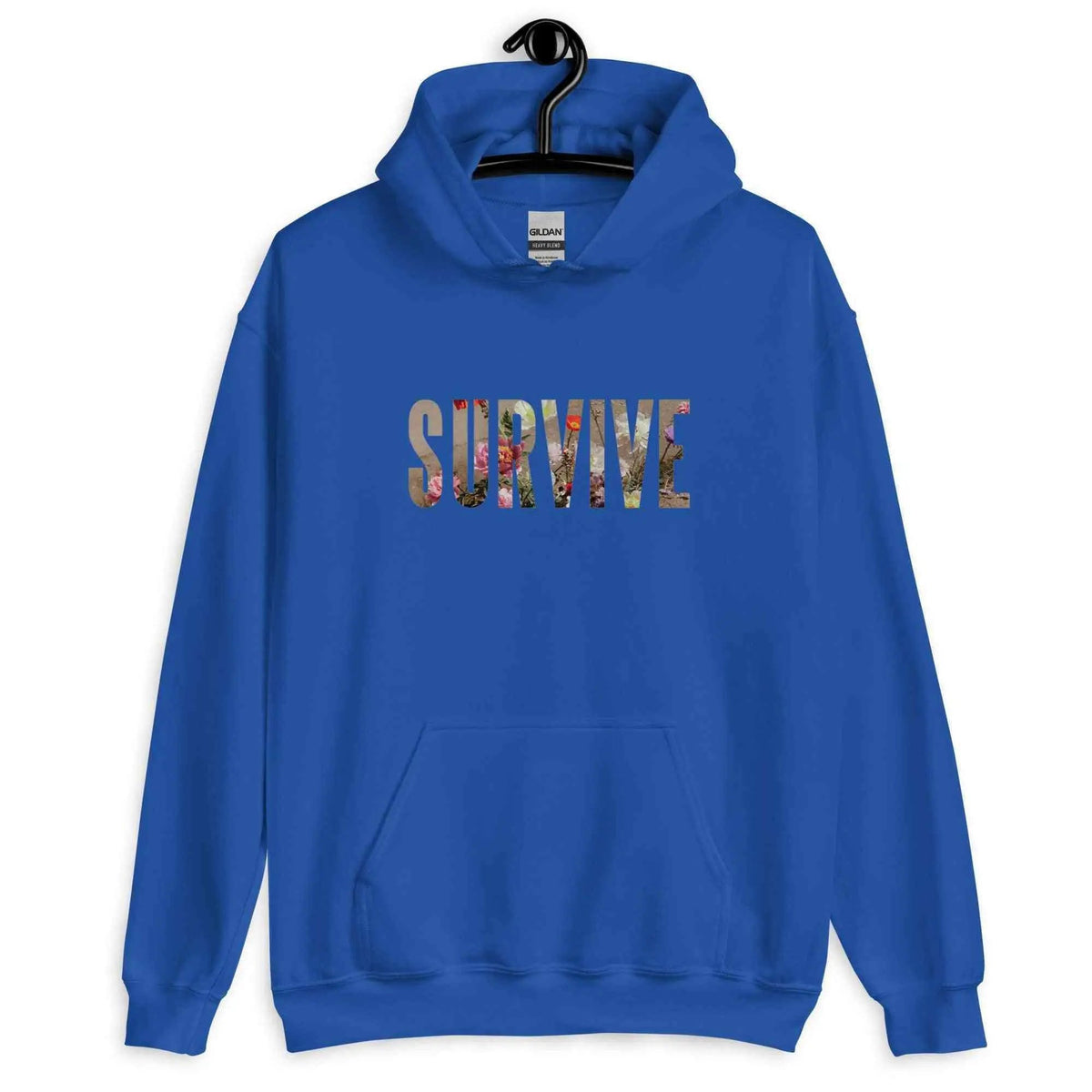 Royal blue unisex hoodie with 'SURVIVE' front graphic