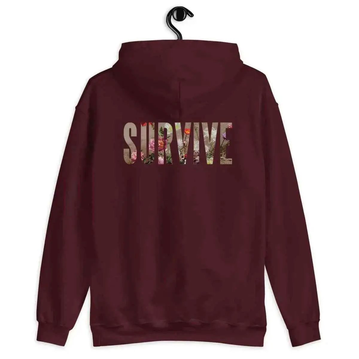 Maroon unisex hoodie with back SURVIVE graphic