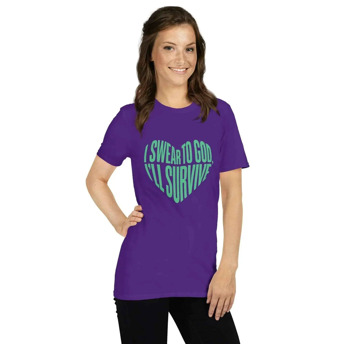Purple unisex T-shirt featuring green heart graphic with slogan print