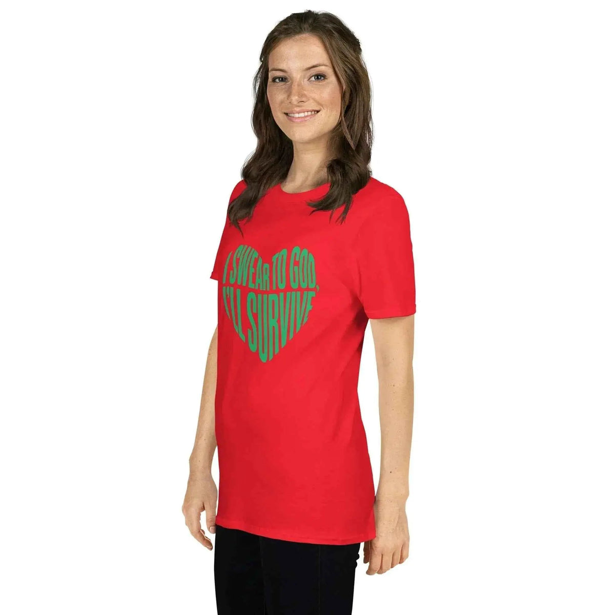 Red unisex T-shirt with green heart graphic and slogan text print
