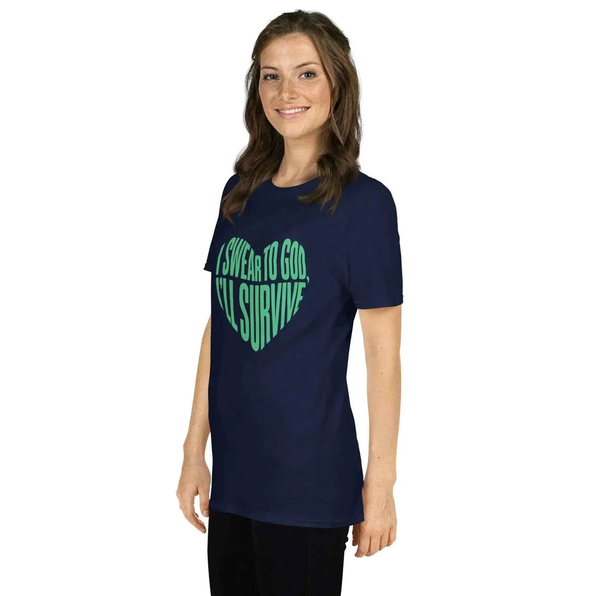 Unisex navy T-shirt with green heart graphic and Survive lettering