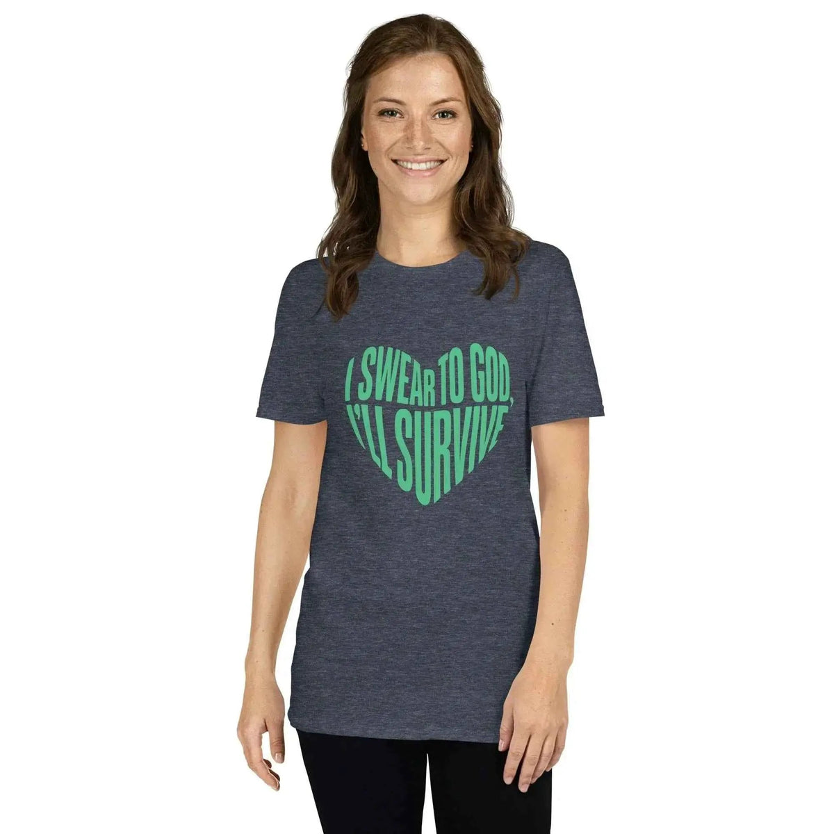 Heather navy unisex graphic T-shirt with green lyric heart slogan, crew neck, short sleeves