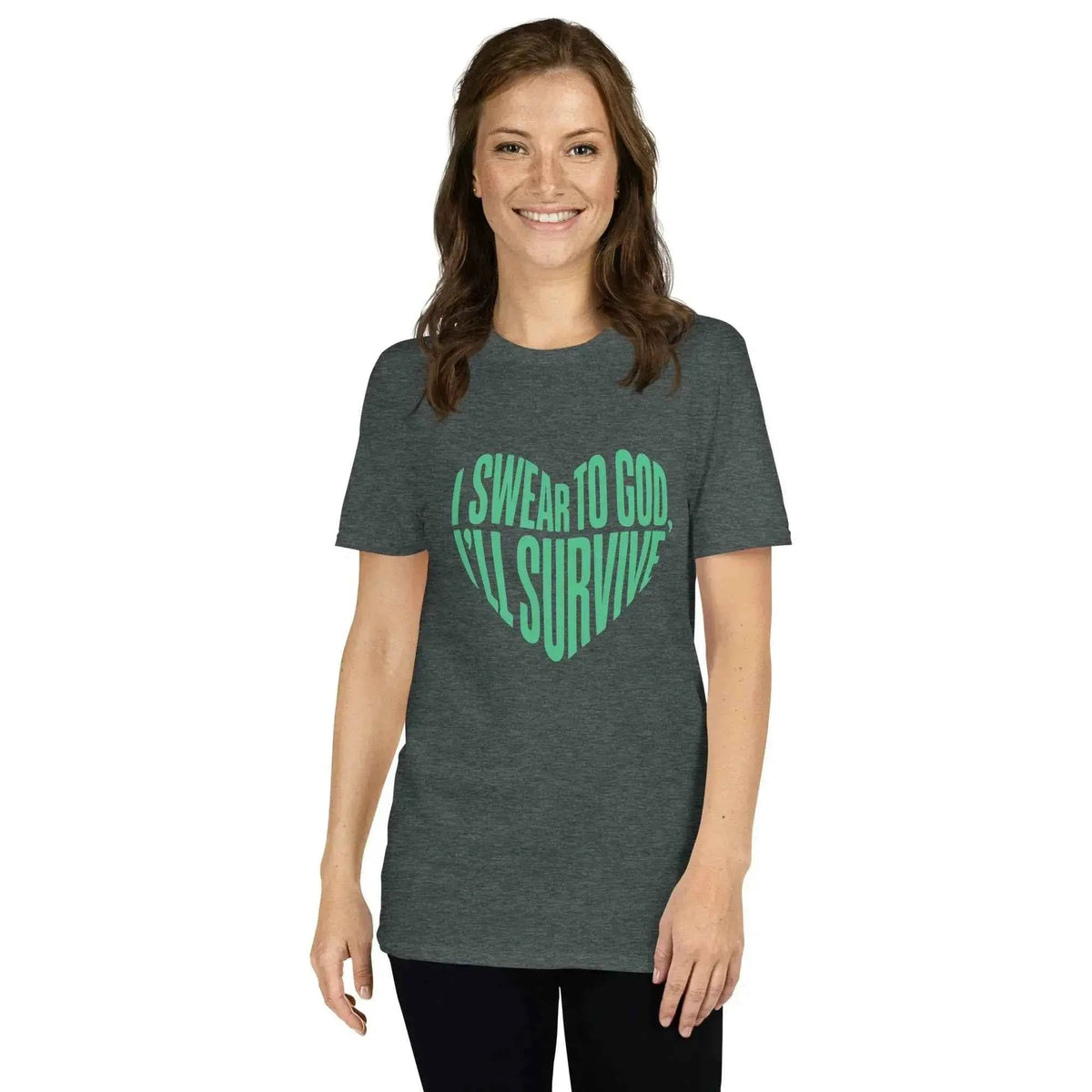 Dark heather gray unisex graphic T-shirt with green lyric heart slogan, crew neck