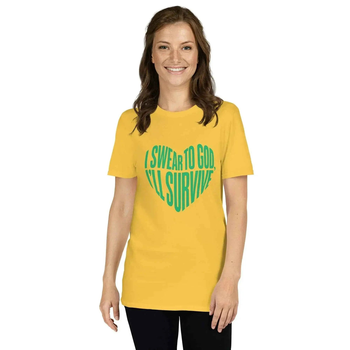 Unisex graphic T-shirt in yellow with green heart lyric design on front