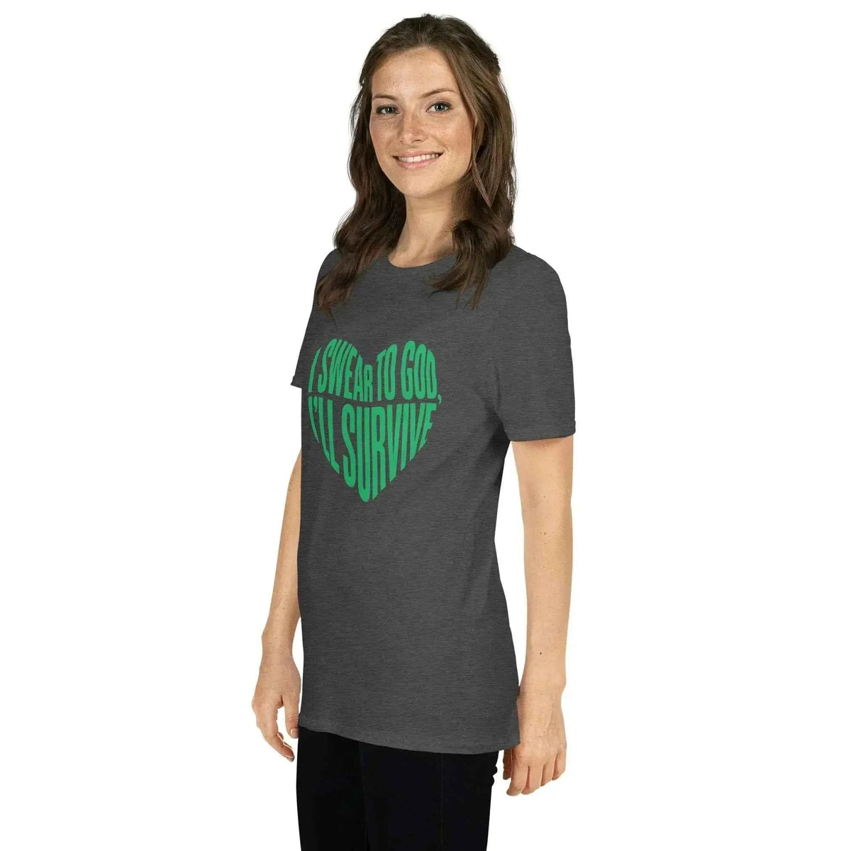 Unisex dark gray graphic T-shirt with green heart and "I'll Survive" text
