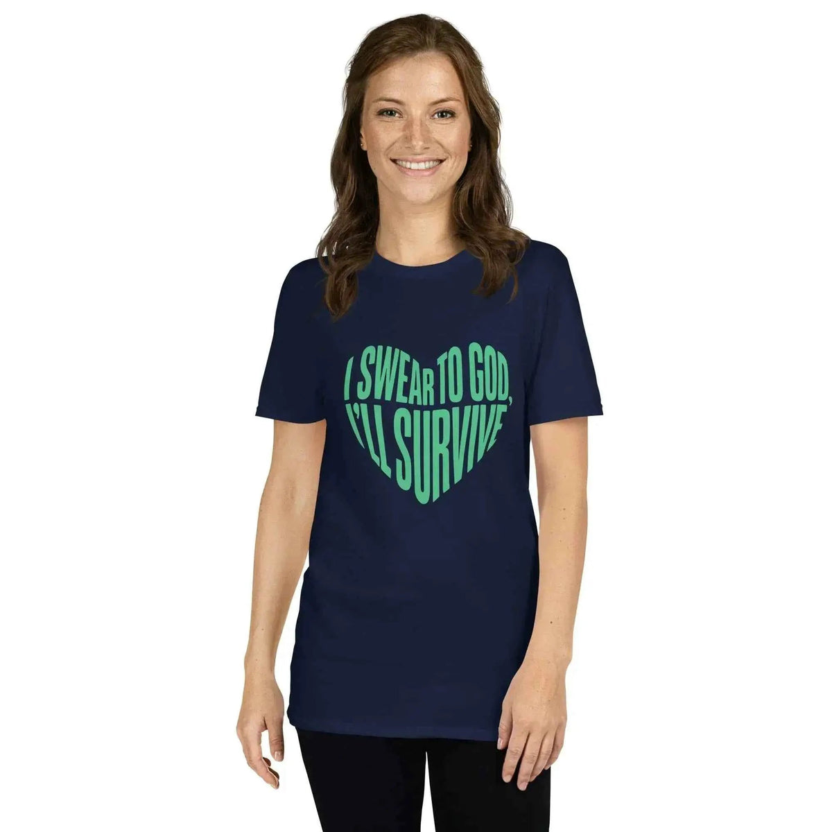 Unisex navy T-shirt with green heart graphic and Survive lettering
