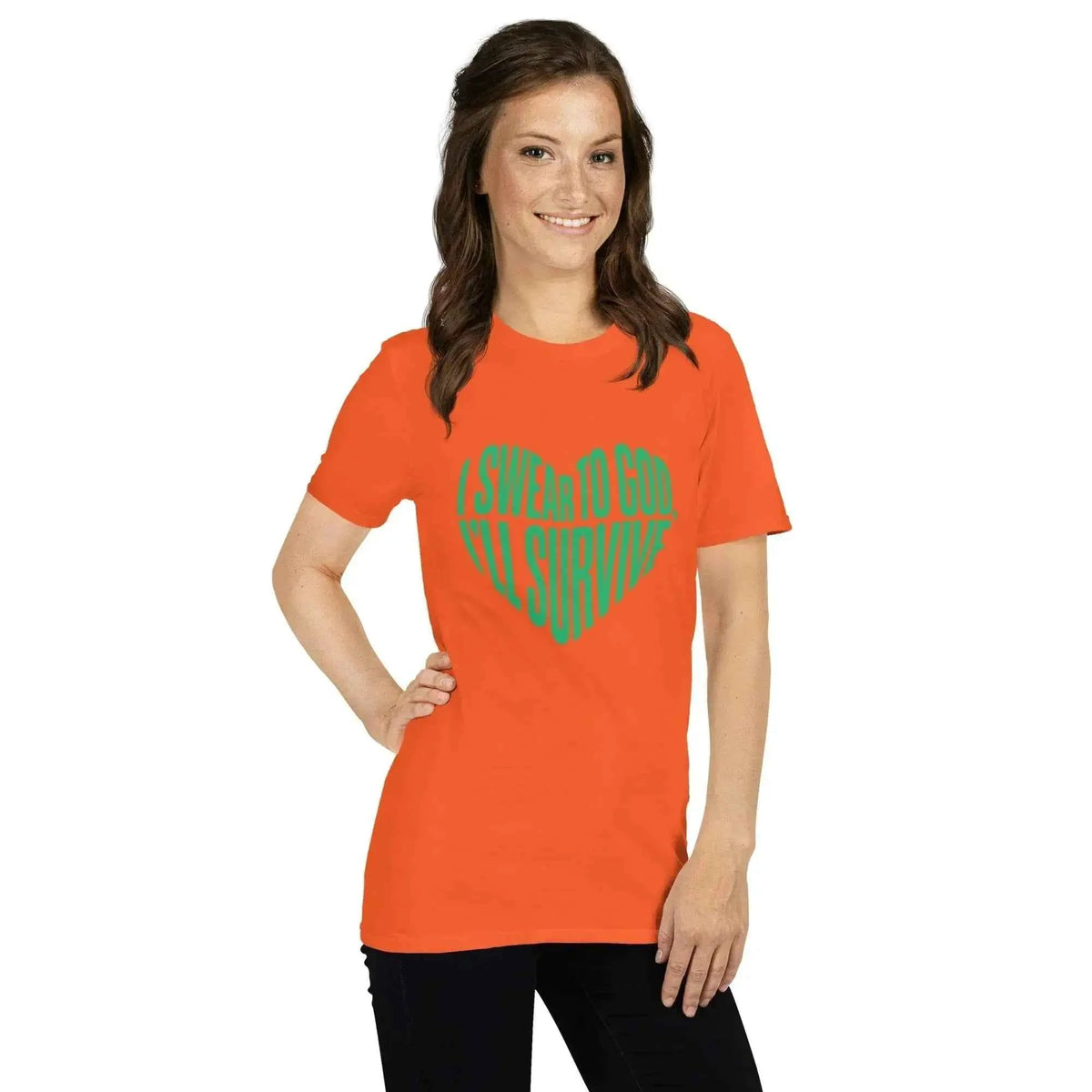Orange unisex T-shirt with green heart graphic and slogan print on front