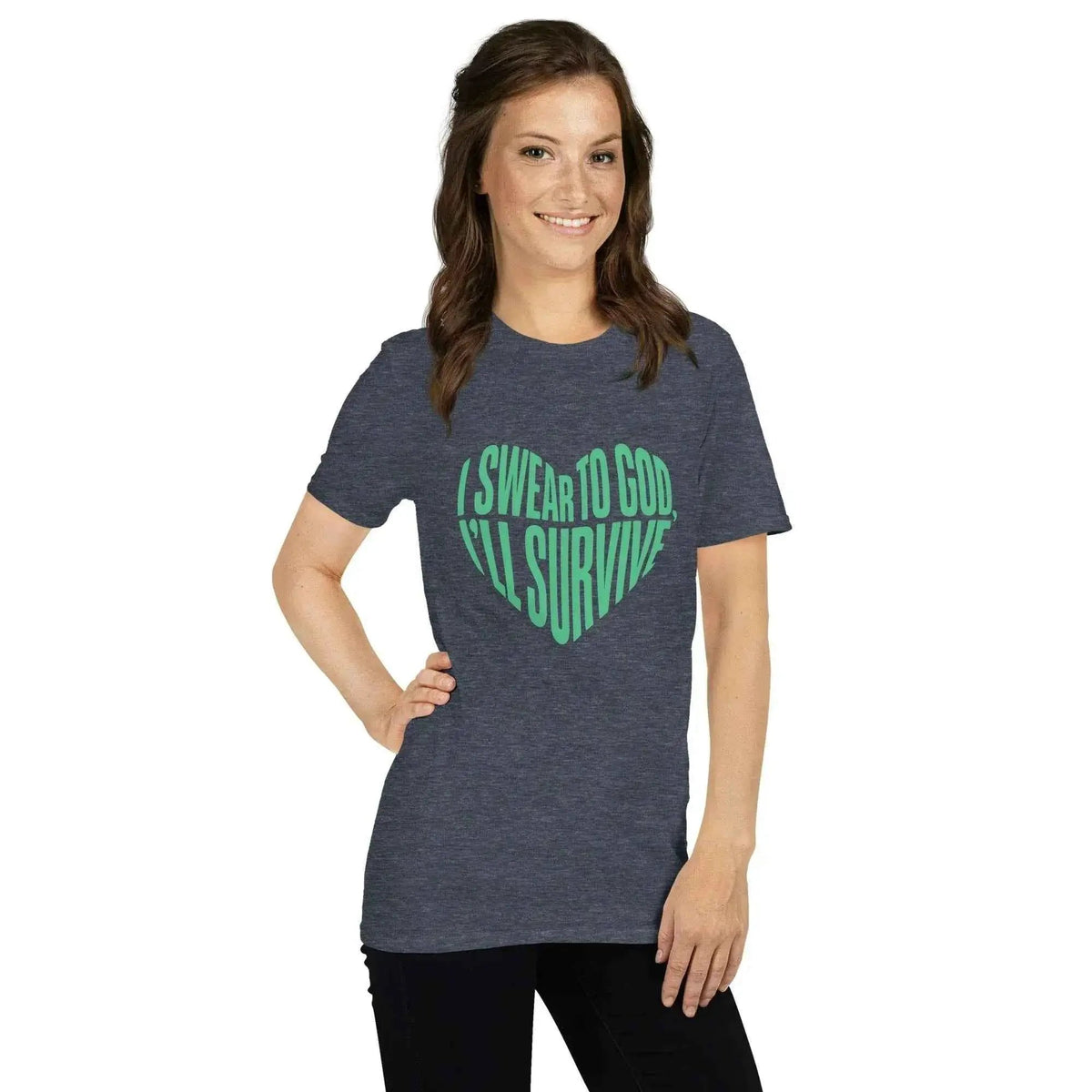 Unisex heather gray T-shirt, front view, with green heart graphic and Survive lettering