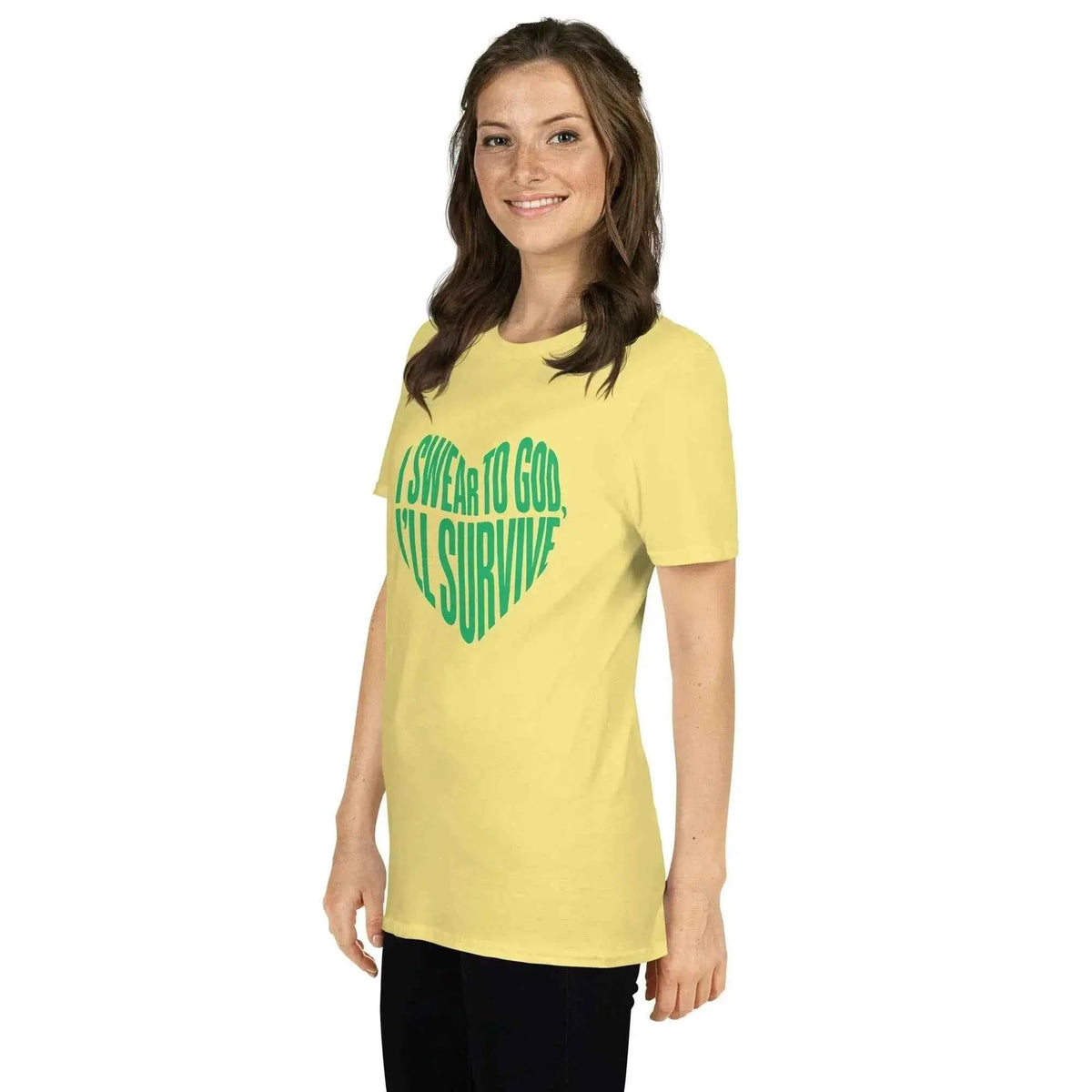 Unisex graphic T-shirt in yellow with green heart lyric graphic across the chest