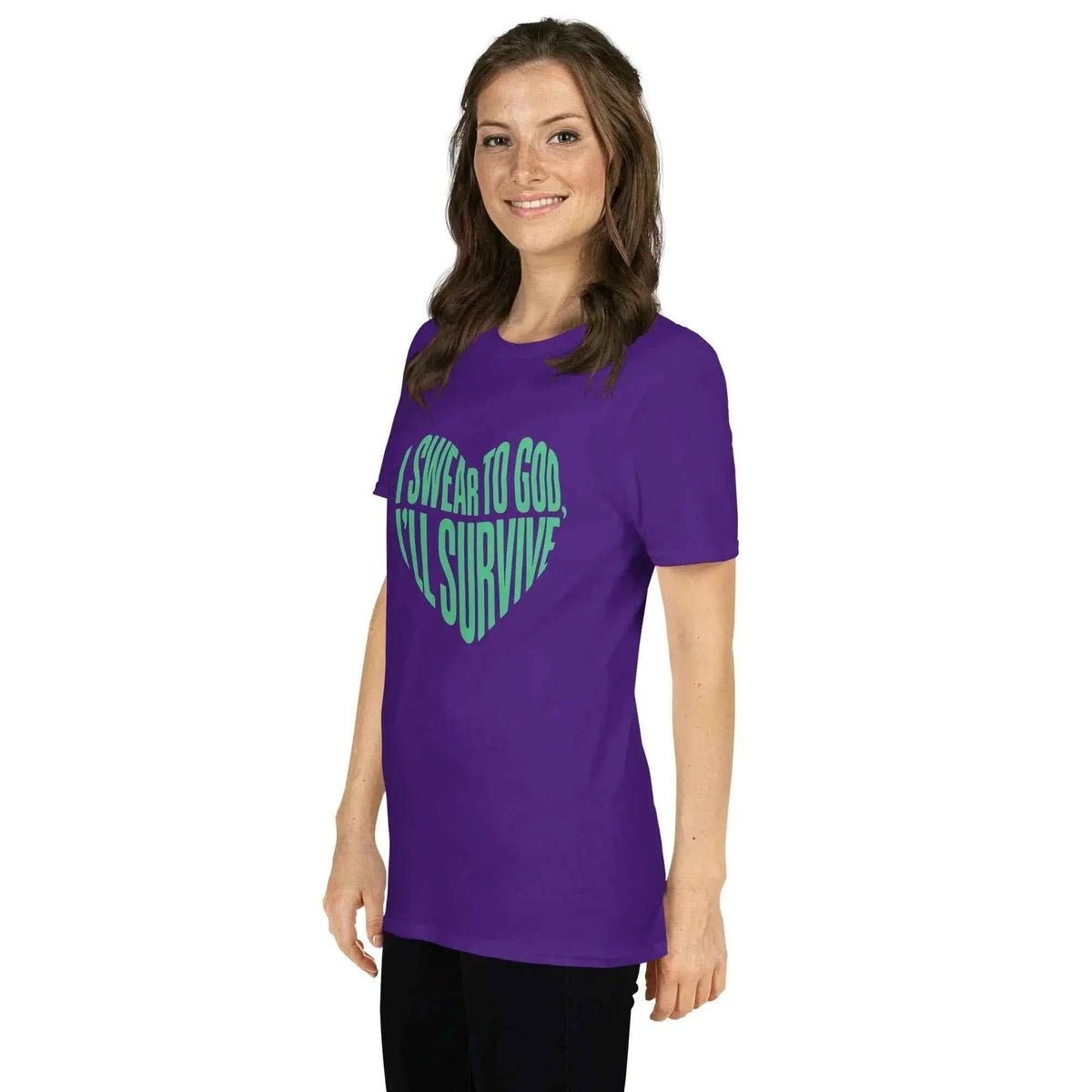 Purple unisex T-shirt with front heart graphic and green slogan text print
