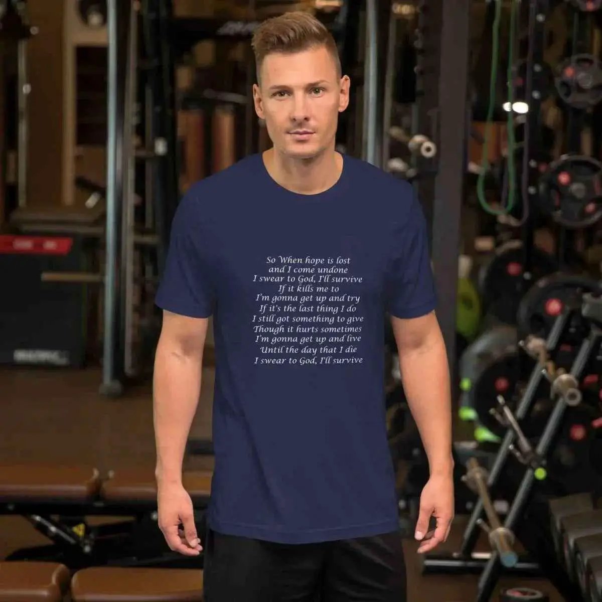 Unisex navy cotton crew neck T-shirt with white lyric graphic on front