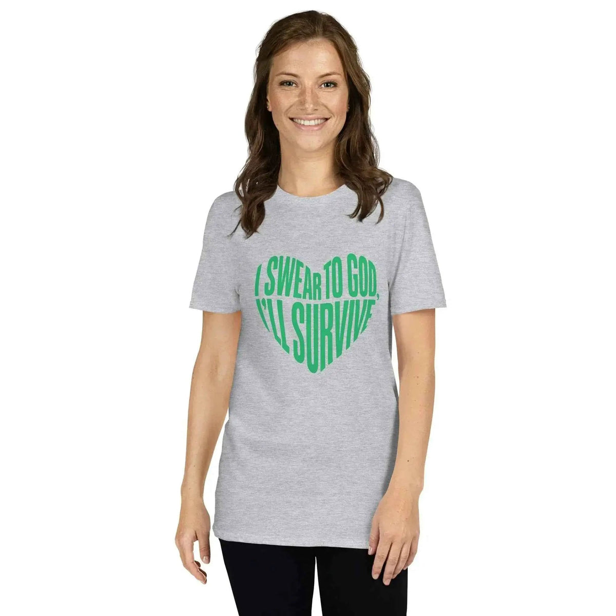 Unisex graphic T-shirt in light heather gray with green lyric heart print on front