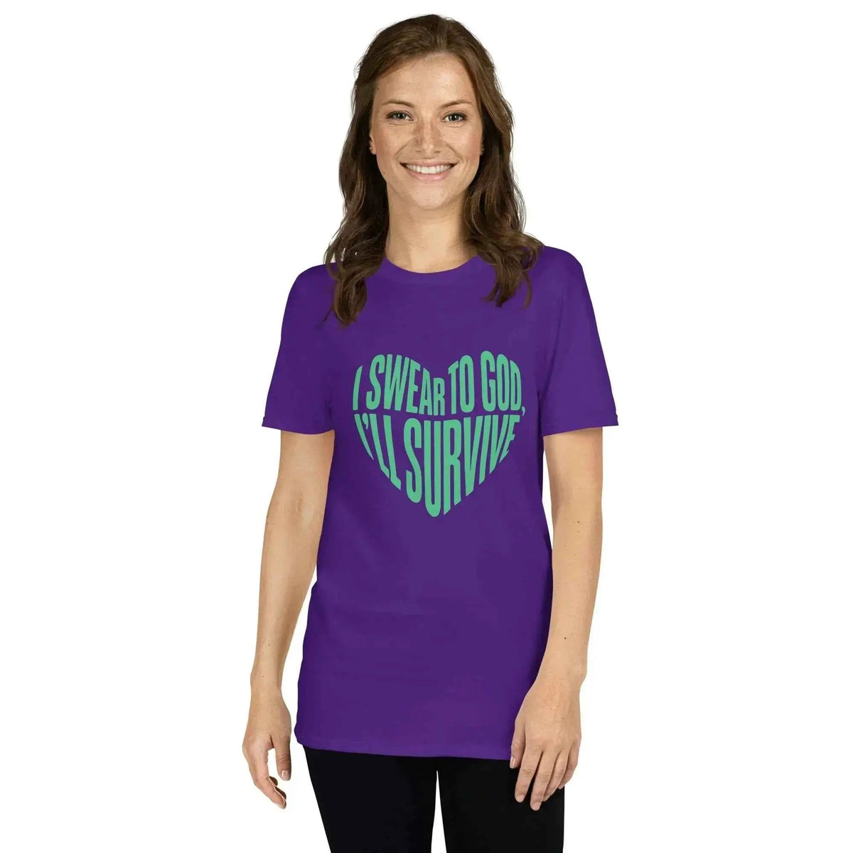 Purple unisex T-shirt with green heart graphic and slogan print on front