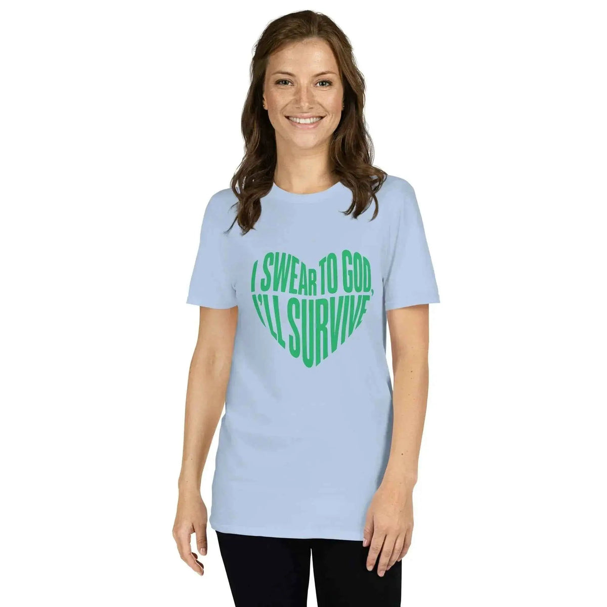 Unisex light blue T-shirt with green heart graphic and Survive lettering
