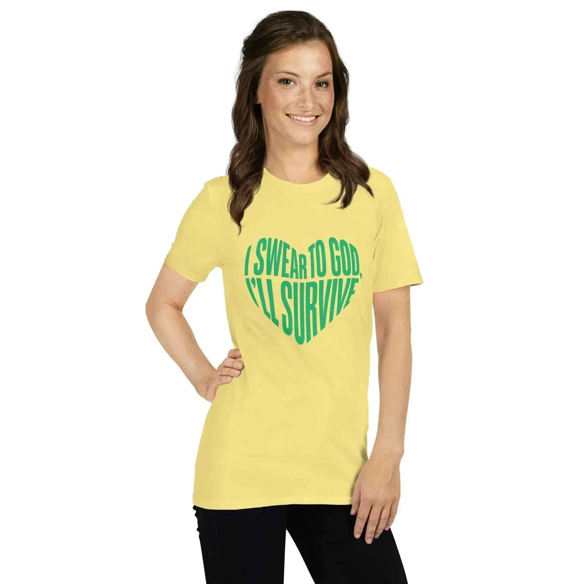 Unisex graphic T-shirt in yellow with green lyric heart print on front center