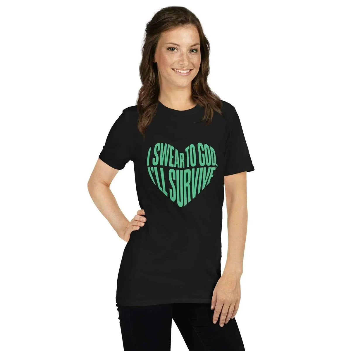 Black unisex graphic T-shirt with green lyric heart slogan, crew neck, short sleeves
