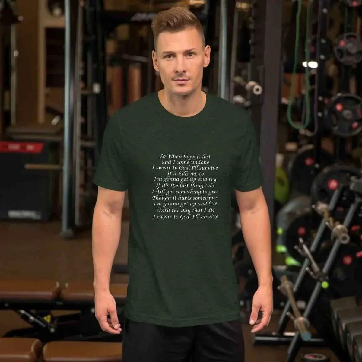 Unisex dark green cotton crew neck T-shirt with white lyric graphic on front