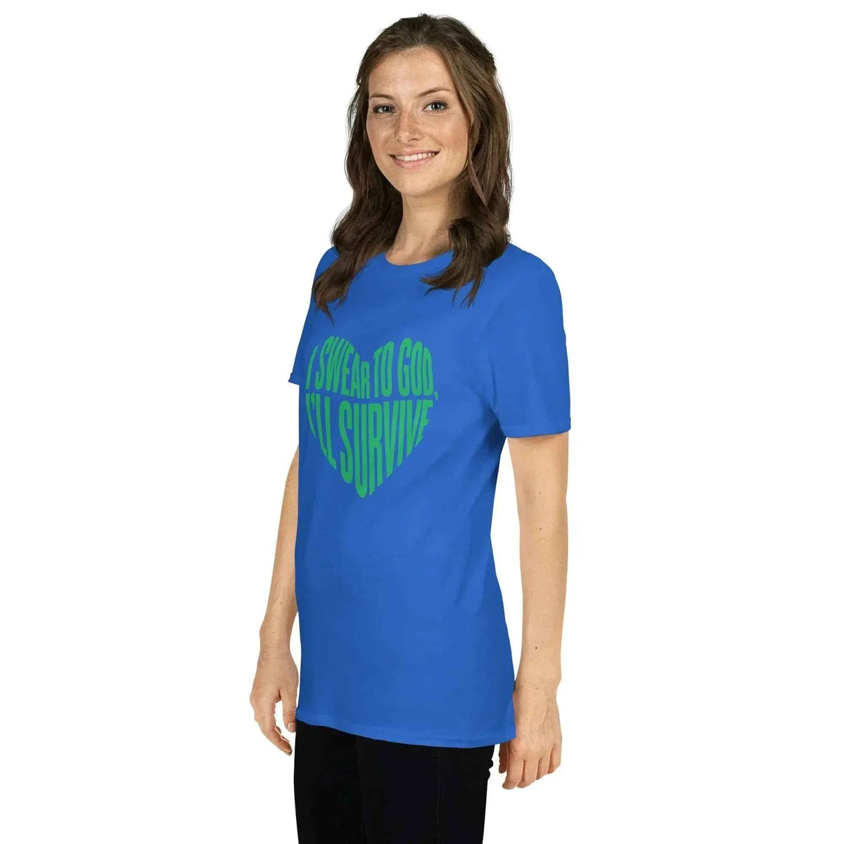 Blue unisex T-shirt with green heart graphic and slogan text print on front