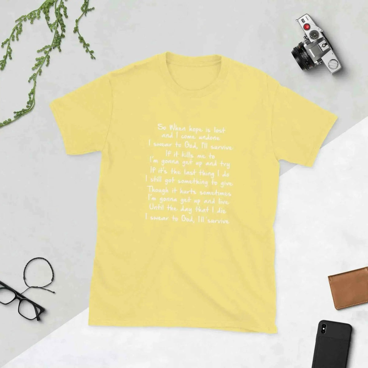 Unisex cotton crewneck T-shirt in yellow with white lyric graphic on front