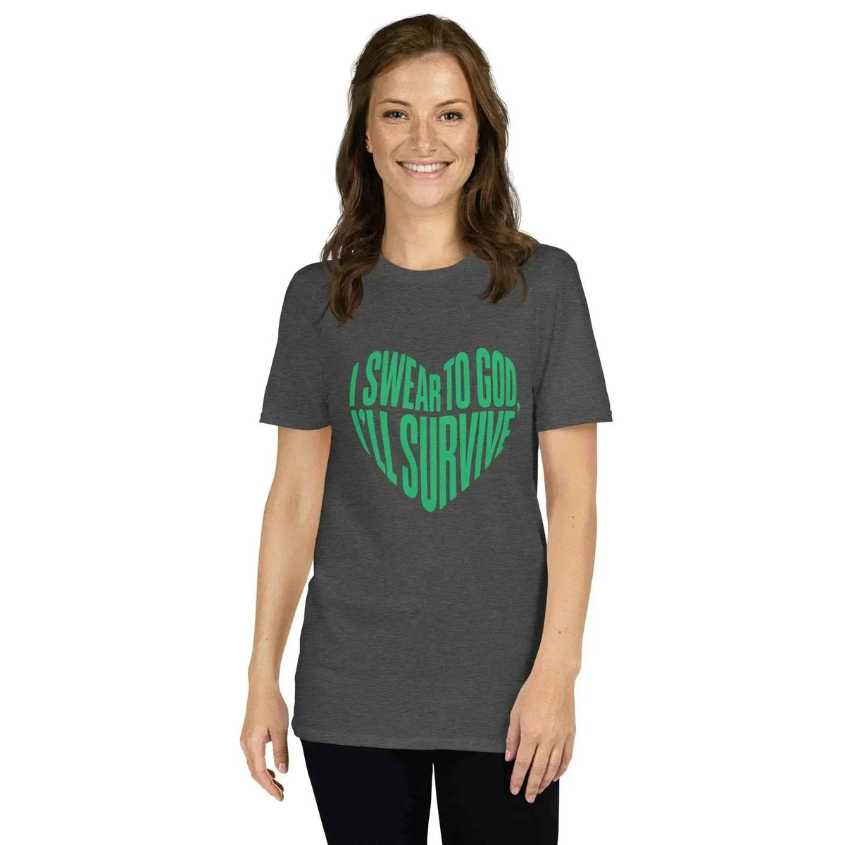 Unisex graphic T-shirt in dark heather gray with green heart lyric print on front