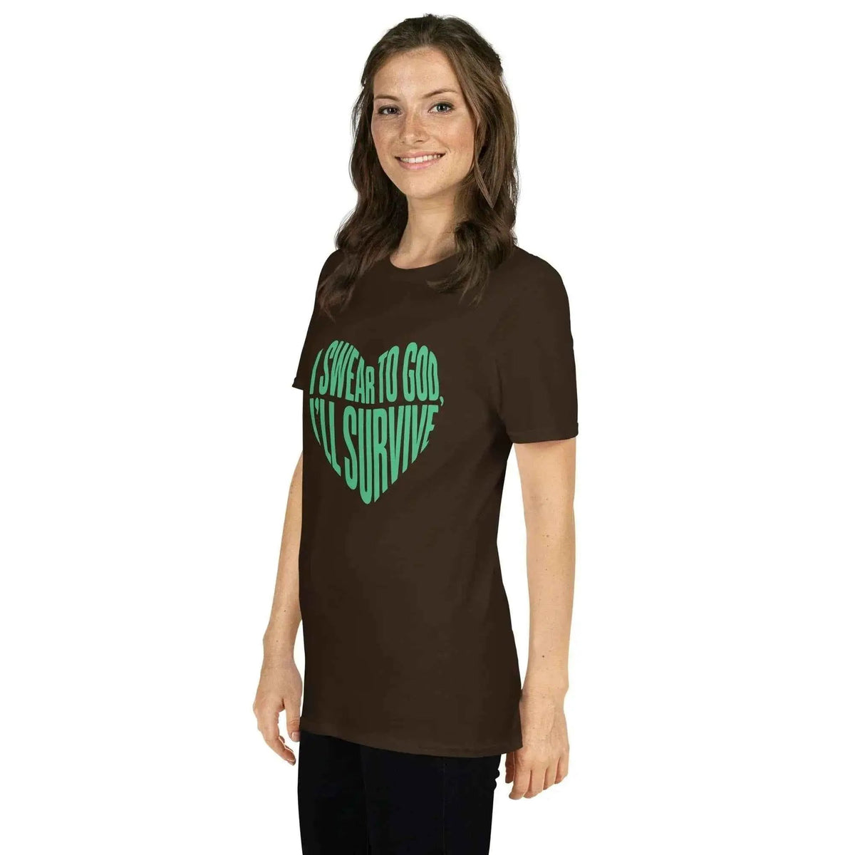 Brown unisex graphic T-shirt with green lyric heart slogan, crew neck, short sleeves