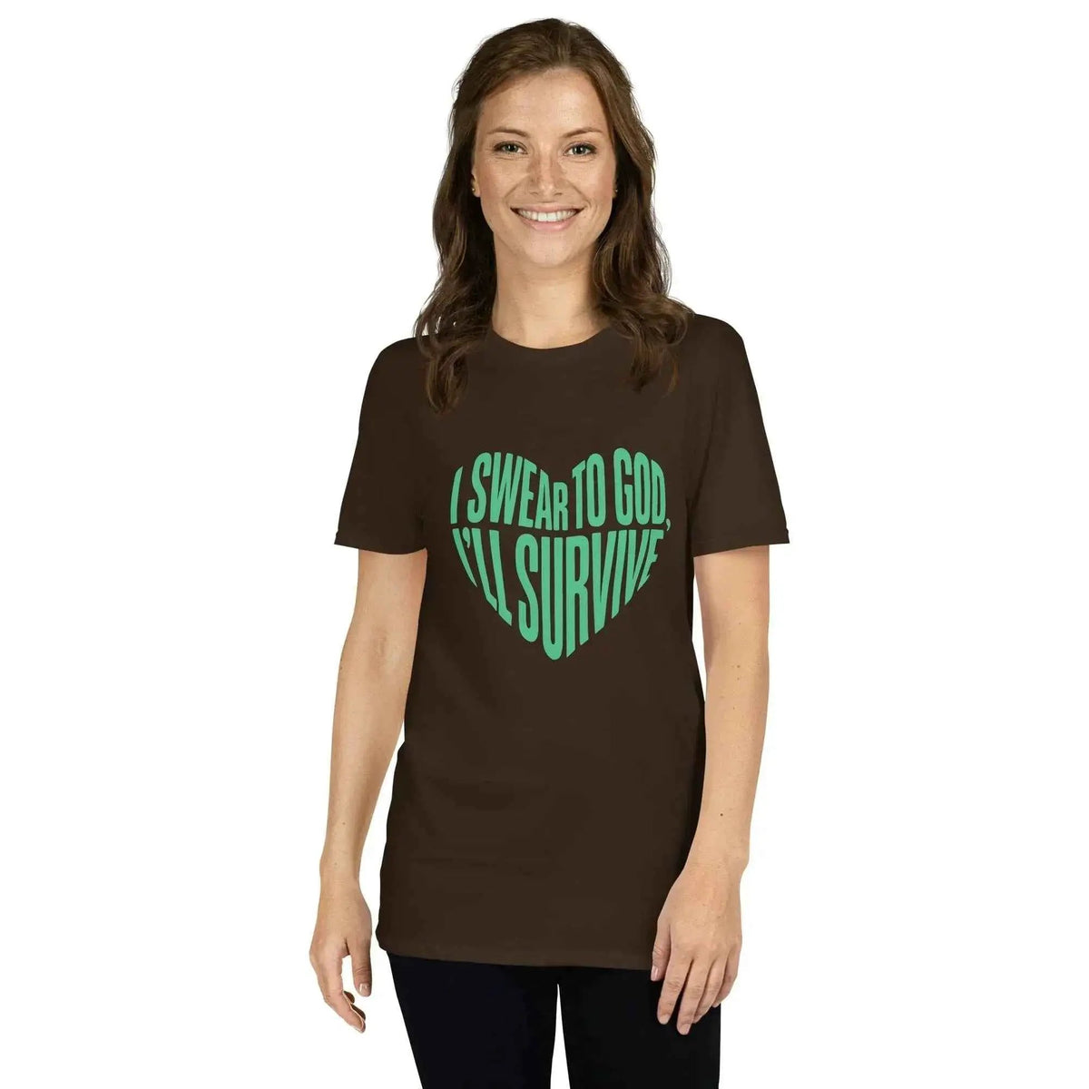 Brown unisex graphic T-shirt with green lyric heart slogan, crew neck, short sleeves